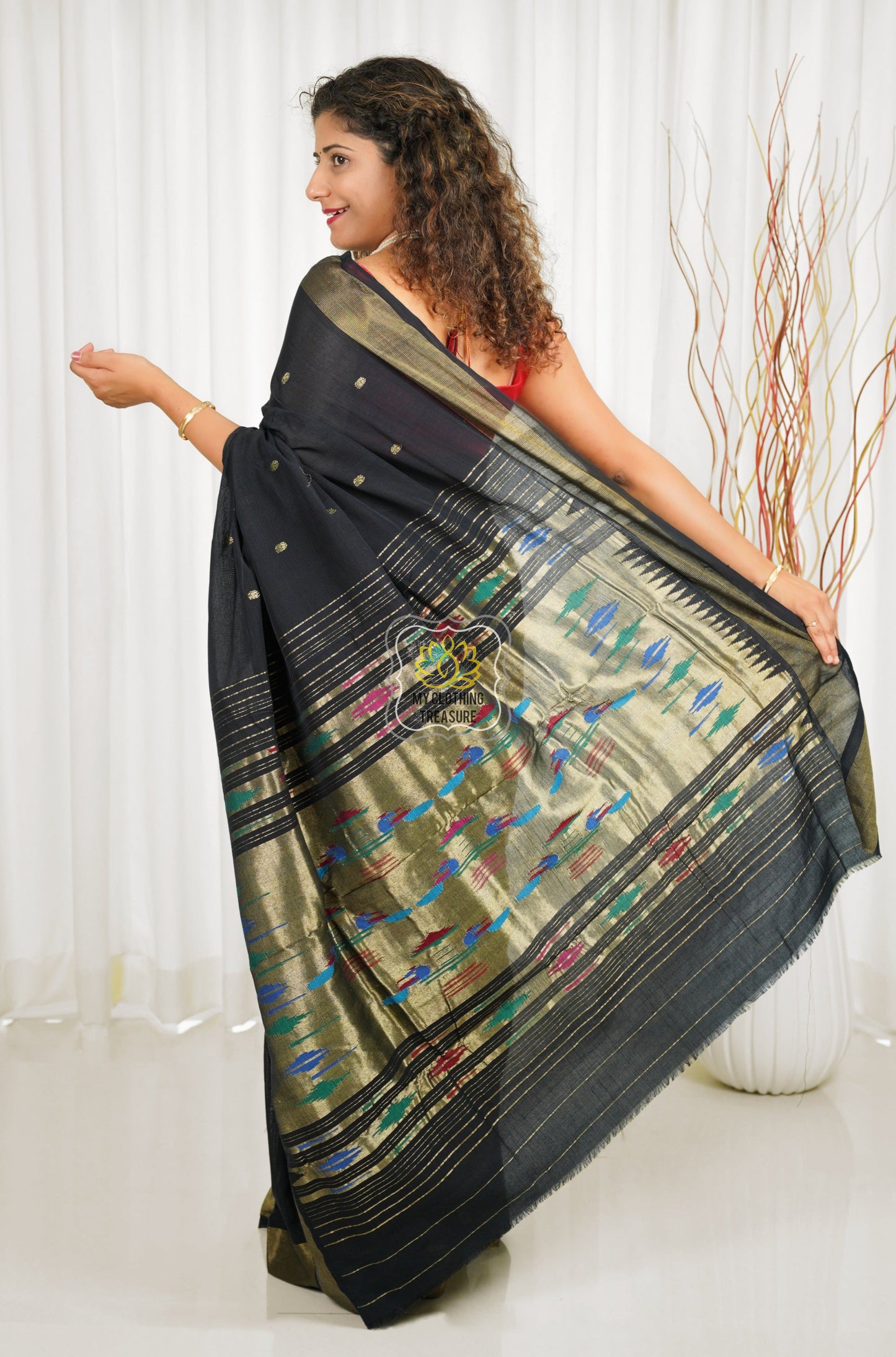 Cotton Paithani Saree With Traditional Double Pallu- Black