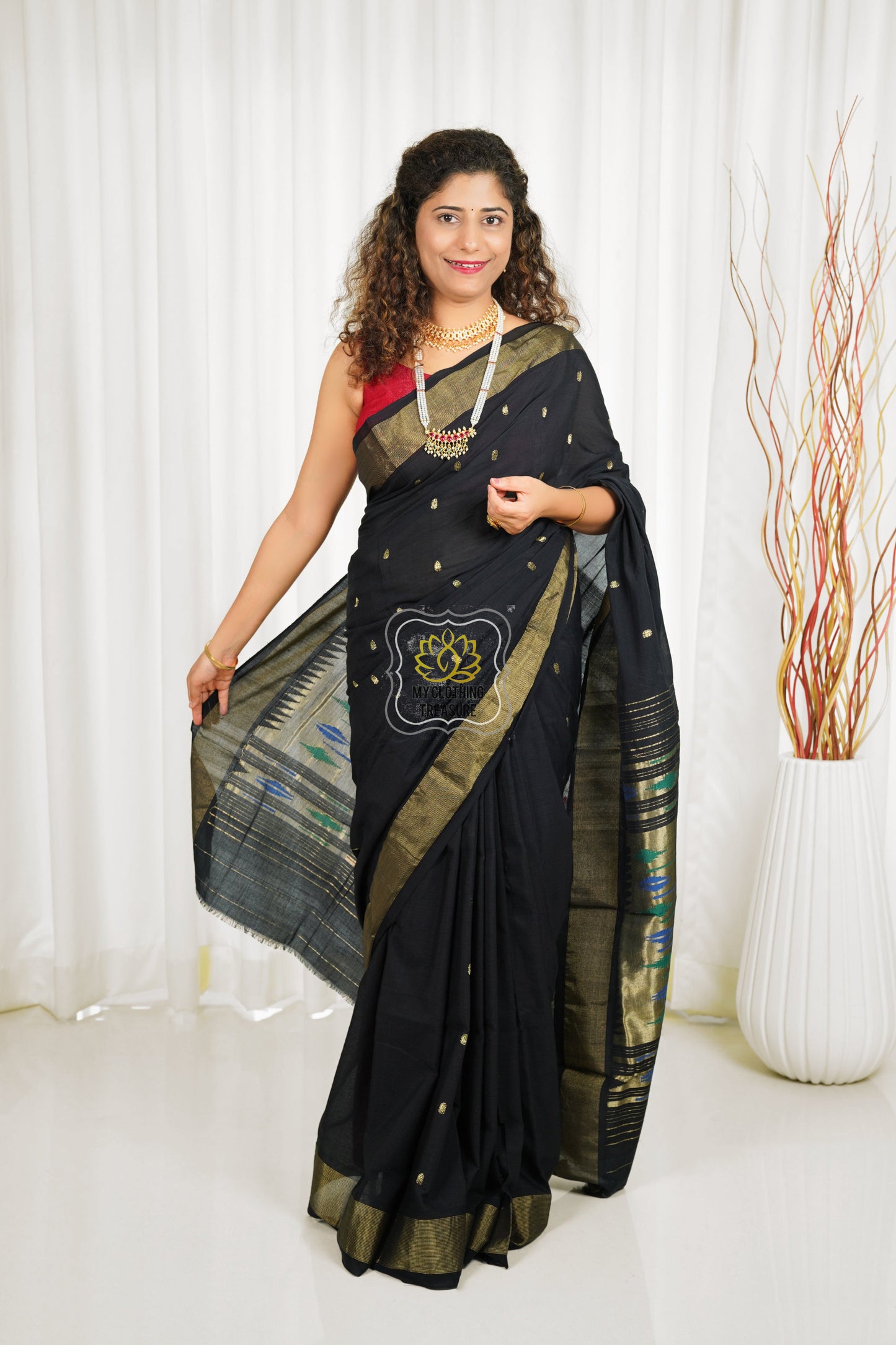 Cotton Paithani Saree With Traditional Double Pallu- Black