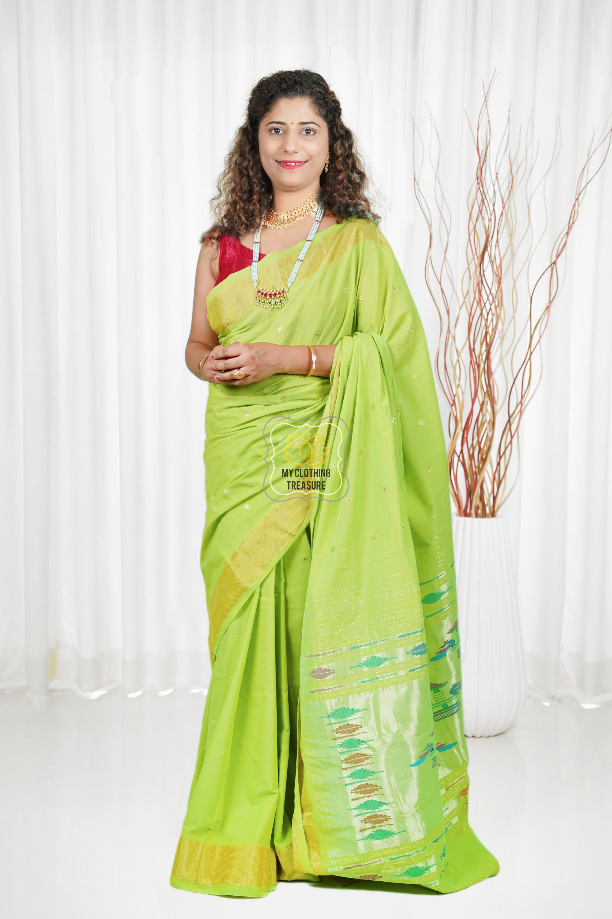 Cotton Paithani Saree With Traditional Double Pallu- Lime Green