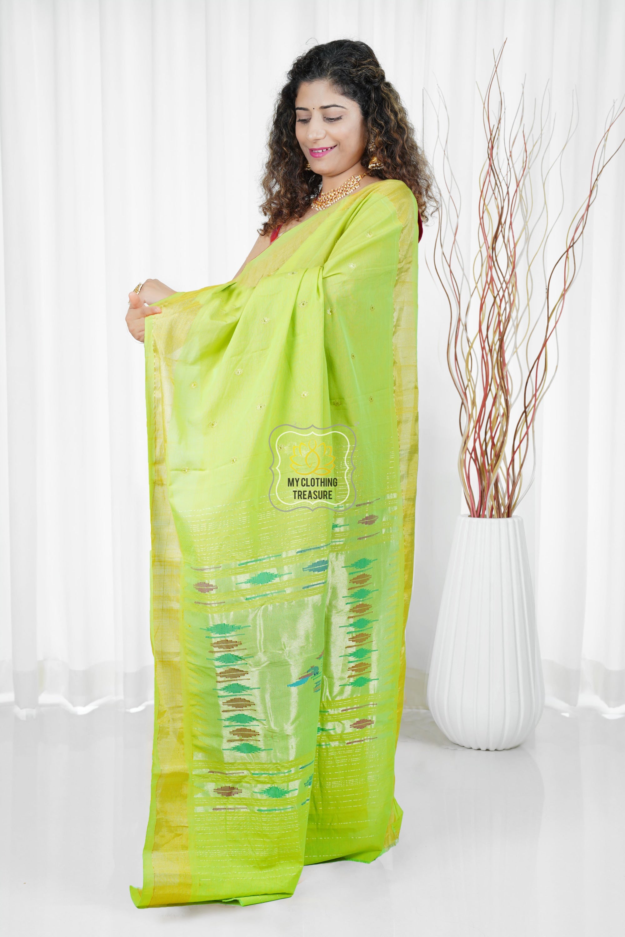 Cotton Paithani Saree With Traditional Double Pallu- Lime Green