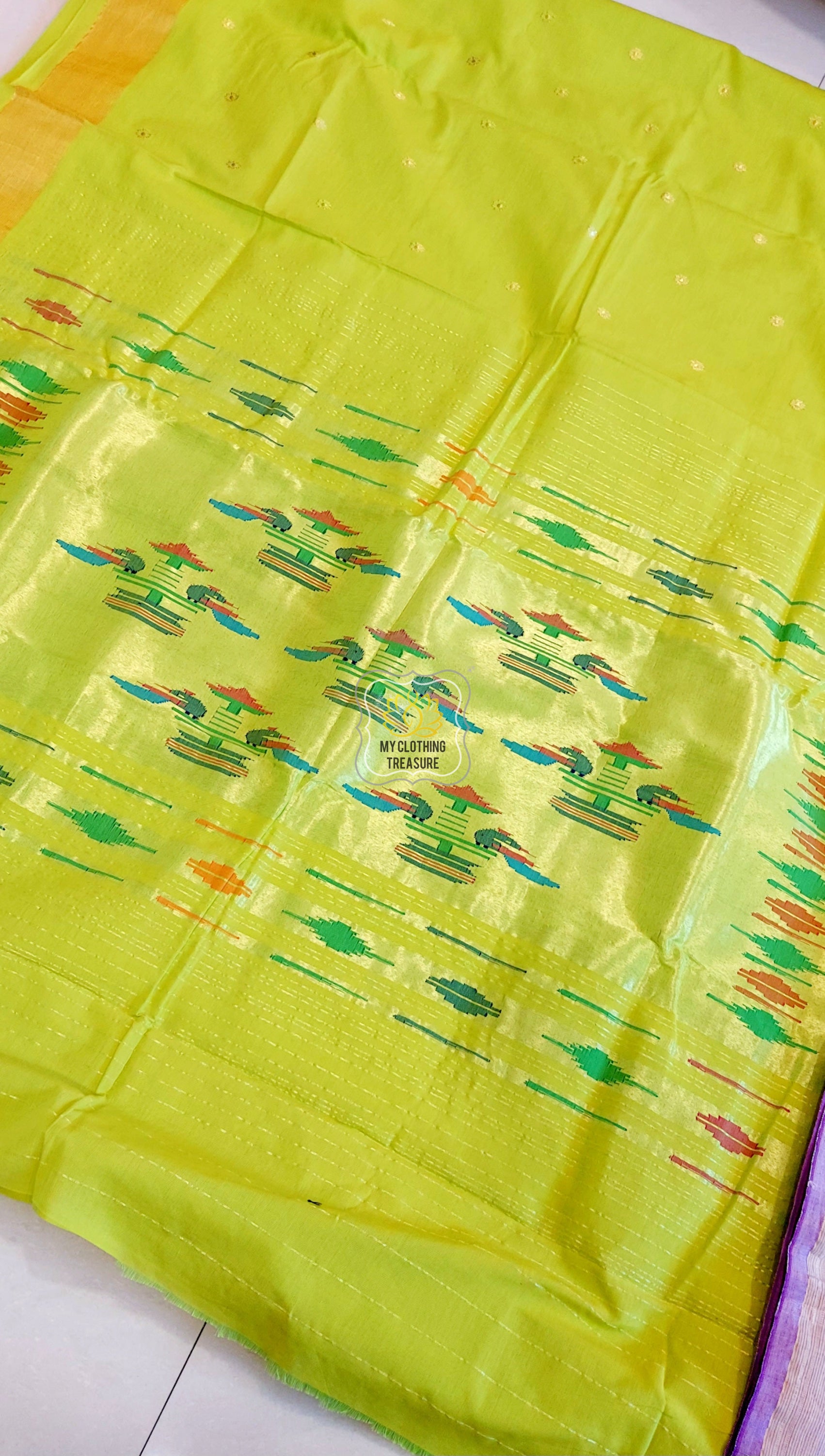 Cotton Paithani Saree With Traditional Double Pallu- Lime Green