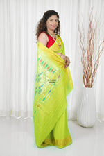 Load image into Gallery viewer, Cotton Paithani Saree With Traditional Double Pallu- Lime Green
