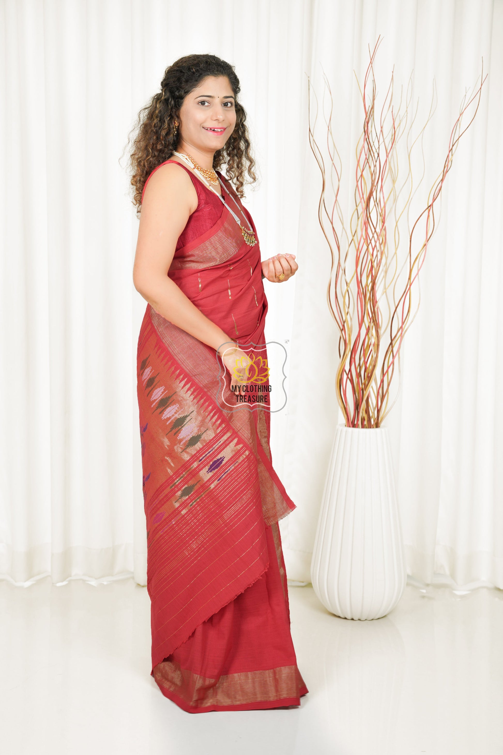 Cotton Paithani Saree With Traditional Double Pallu- Red