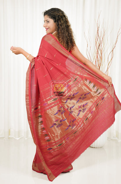 Cotton Paithani Saree With Traditional Double Pallu- Red