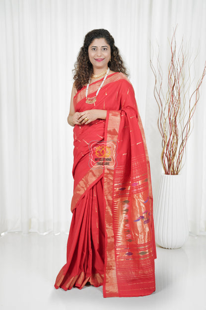 Cotton Paithani Saree With Traditional Double Pallu- Red