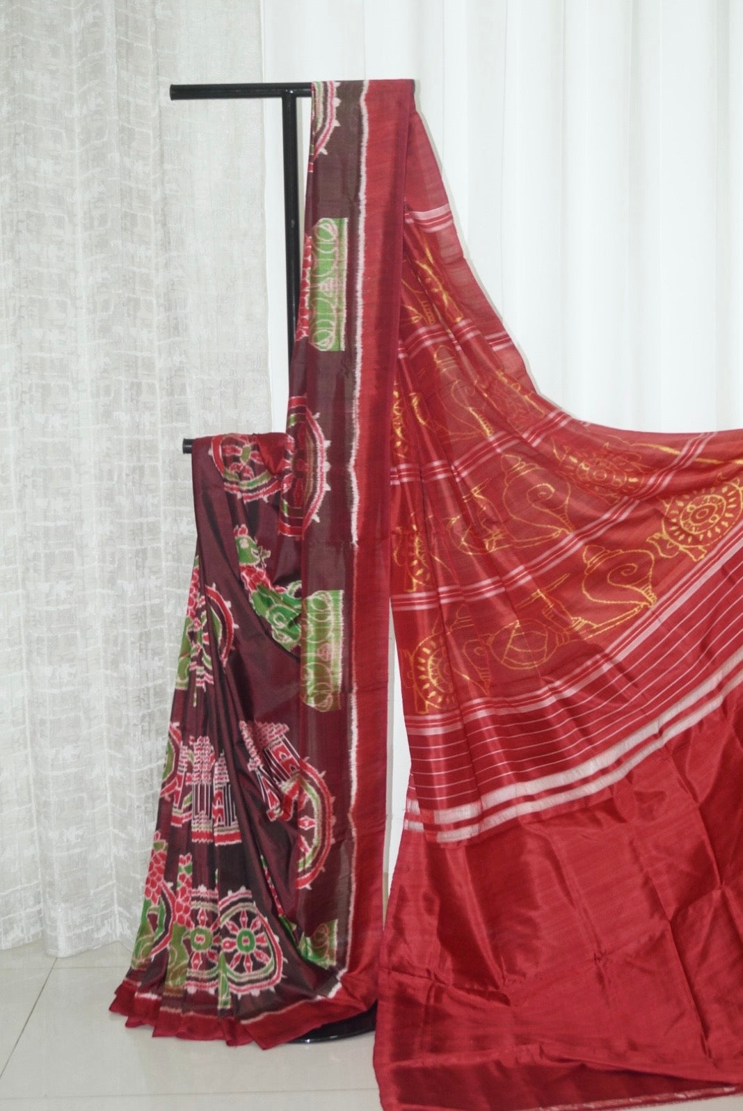 Exclusive Odisha Ikkat Khandua Pure Silk Konark Saree- Dual tone Maroon