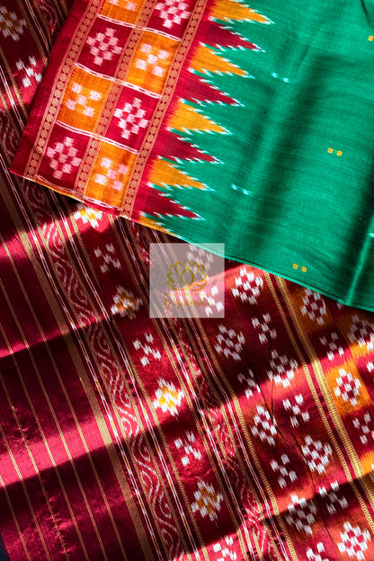 Double Pasapali Border Khandua Ikkat Silk Saree - Green Saree