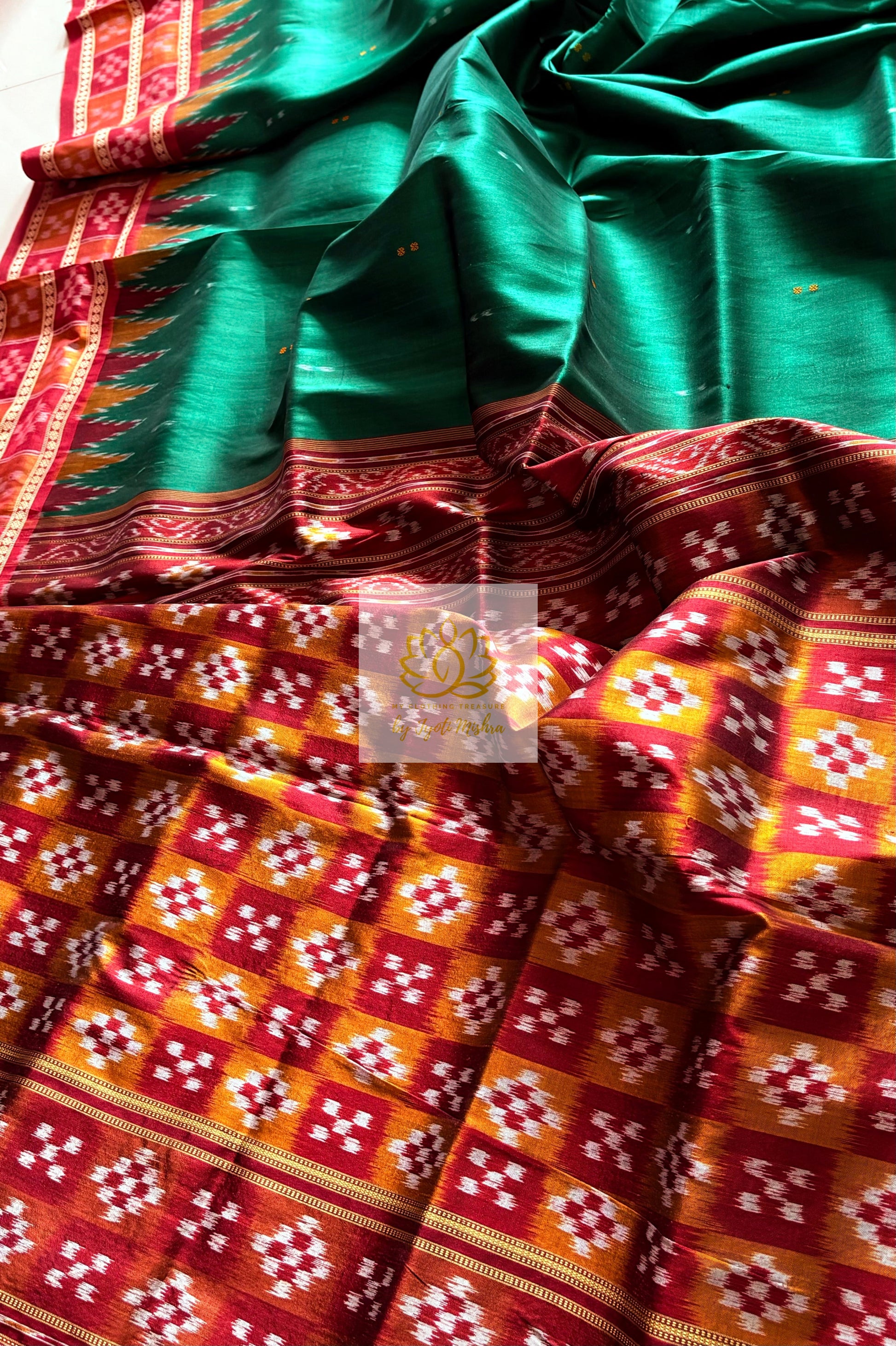 Double Pasapali Border Khandua Ikkat Silk Saree - Green Saree