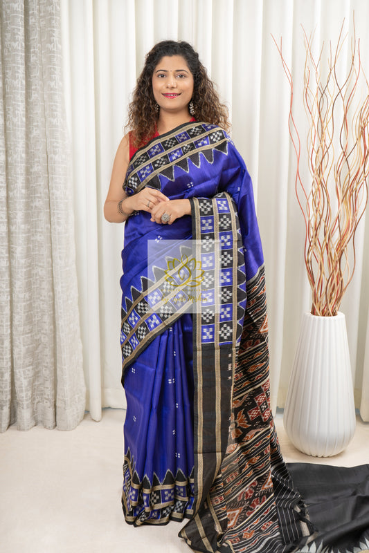 Double Pasapali Border Khandua Ikkat Silk Saree - Royal Blue