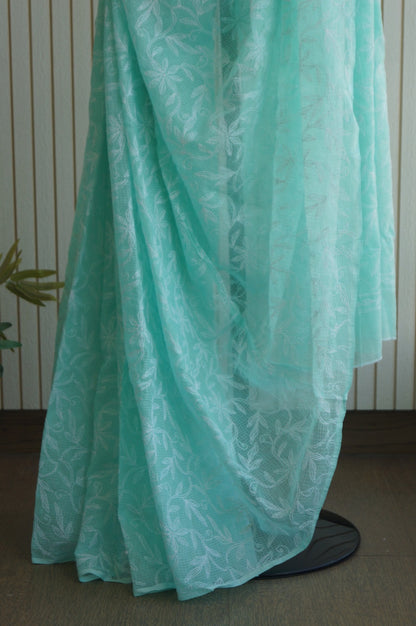 Kota Cotton Saree With Tepchi Chikankari Work- Pastel Mint