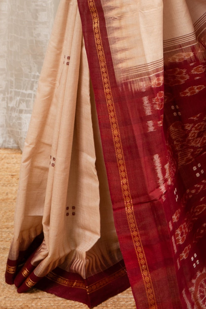 Ek Phulia Cotton Saree-Beige Maroon