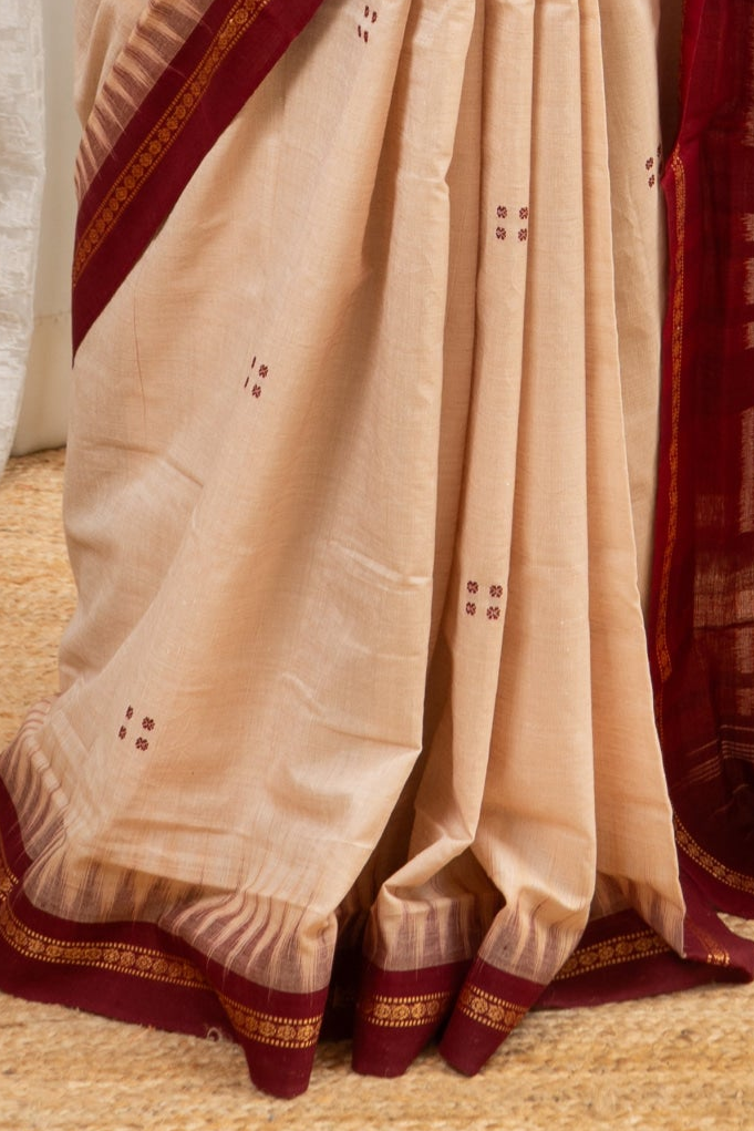 Ek Phulia Cotton Saree-Beige Maroon