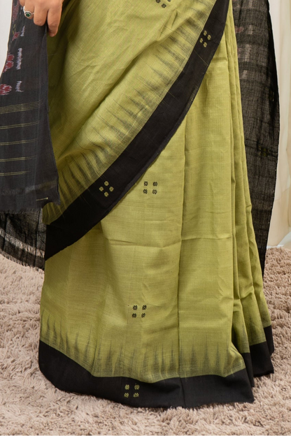 Ek Phulia Cotton Saree- Olive Black