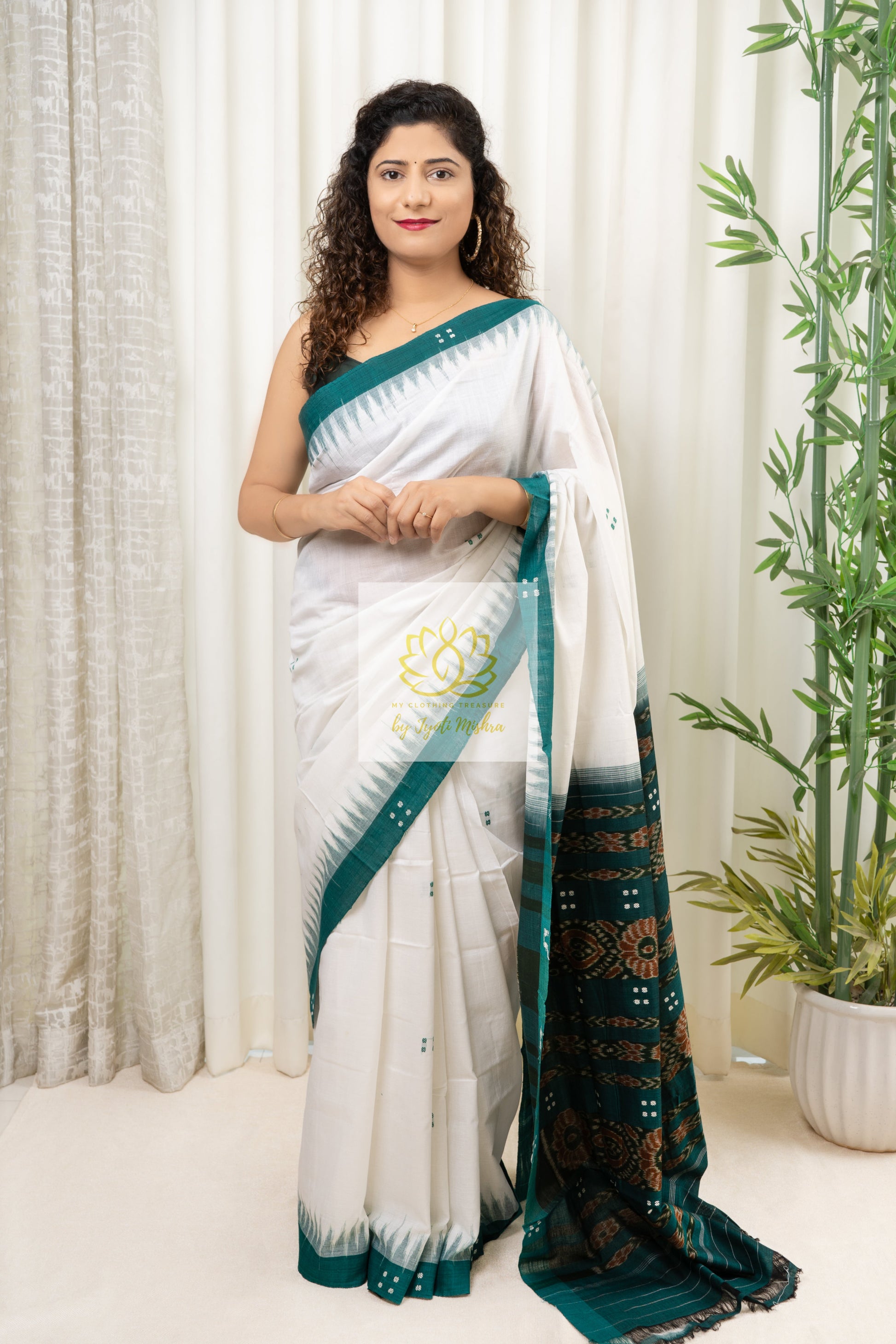 Ek Phulia Cotton Saree-White Green Saree