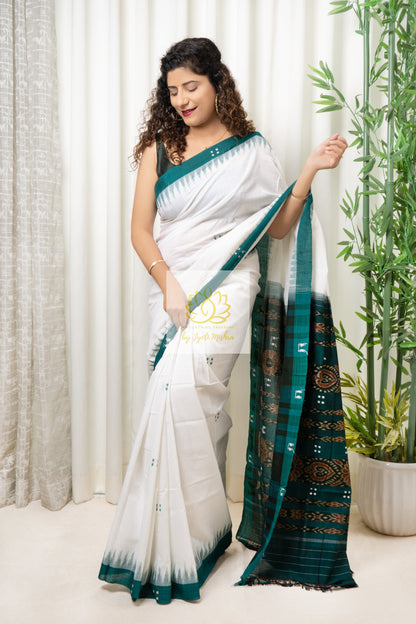 Ek Phulia Cotton Saree-White Green Saree