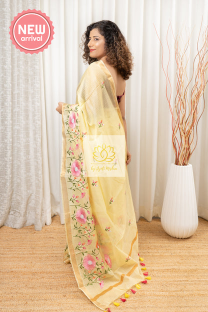 Embroidered Bhagalpuri Kota Silk Saree - Lime Yellow Saree