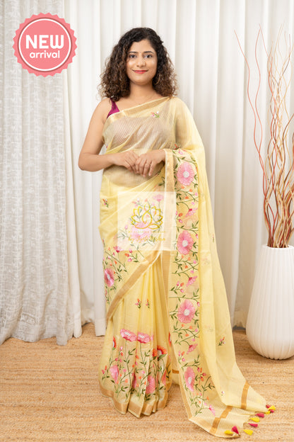 Embroidered Bhagalpuri Kota Silk Saree - Lime Yellow Saree