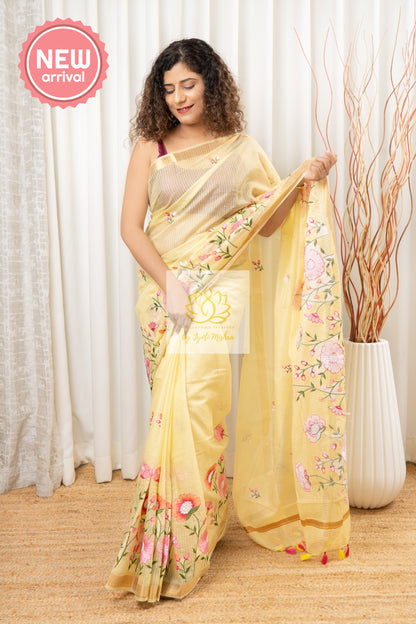 Embroidered Bhagalpuri Kota Silk Saree - Lime Yellow Saree