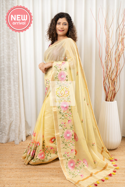 Embroidered Bhagalpuri Kota Silk Saree - Lime Yellow Saree