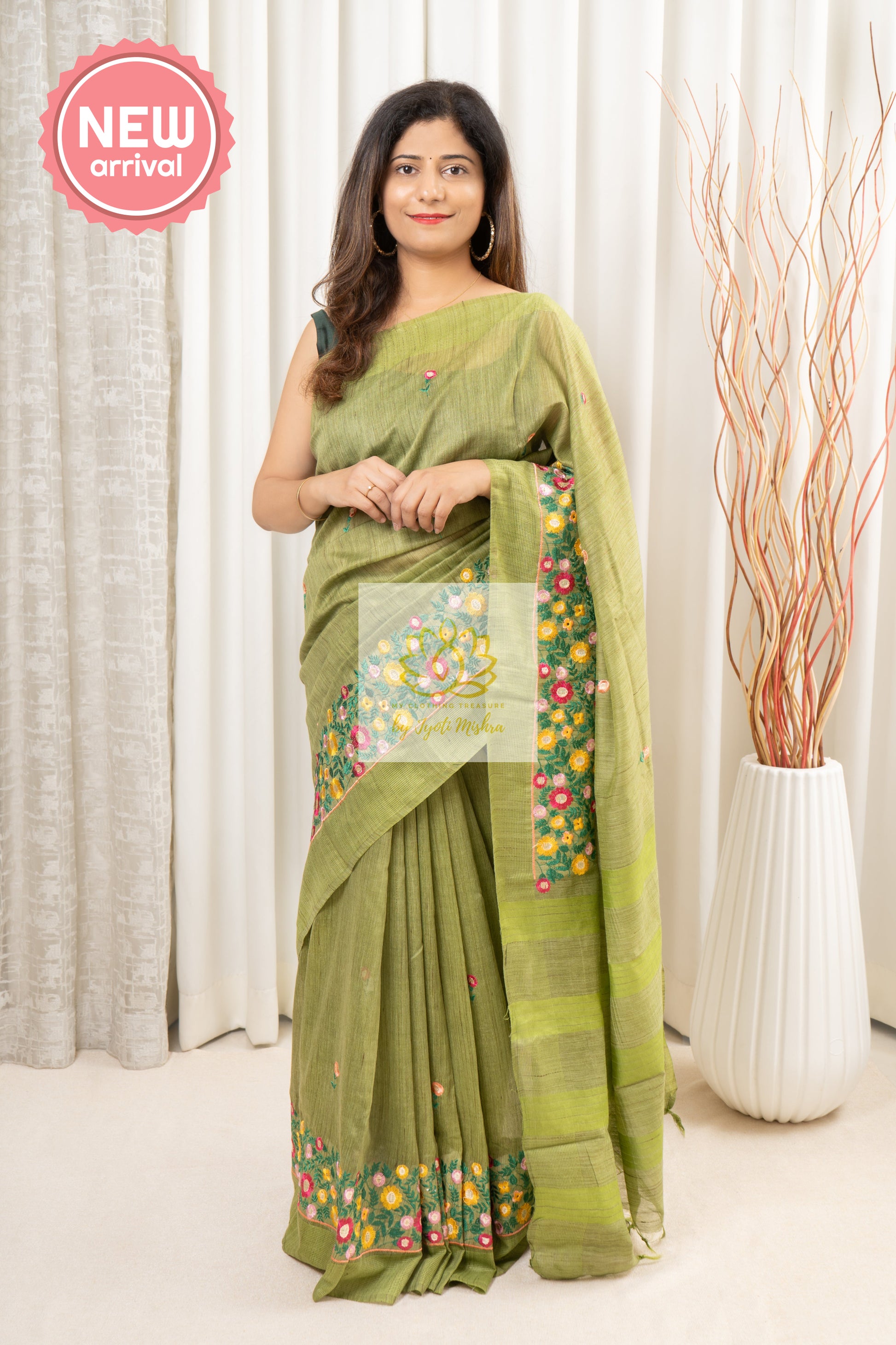 Embroidered Bhagalpuri Linen Saree - Green