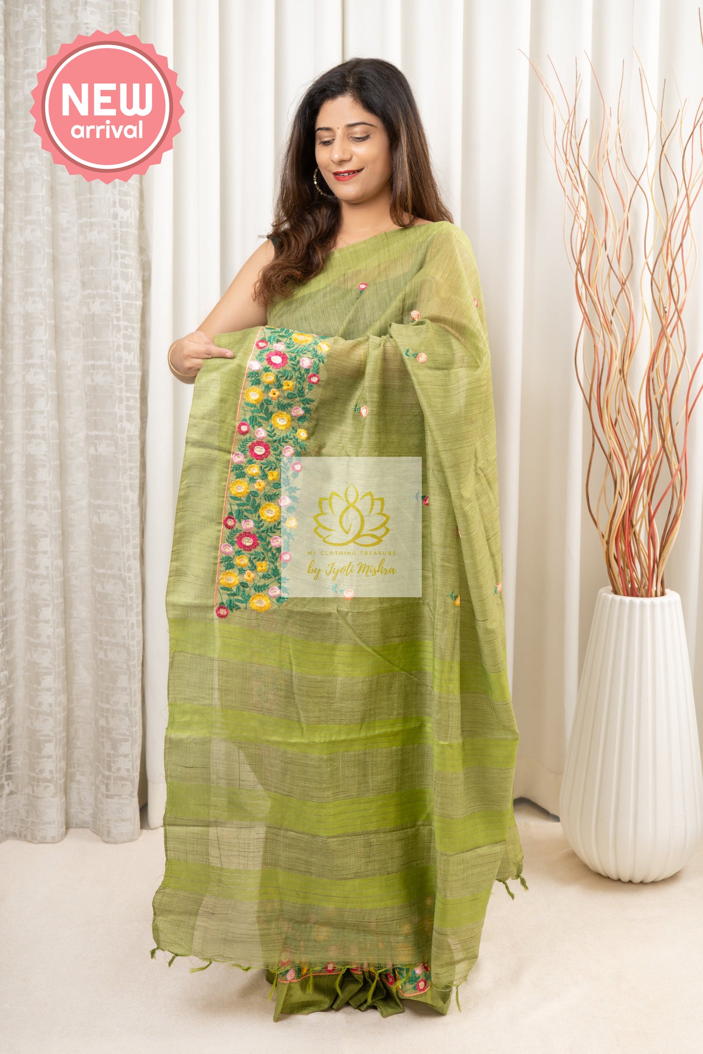 Embroidered Bhagalpuri Linen Saree - Green