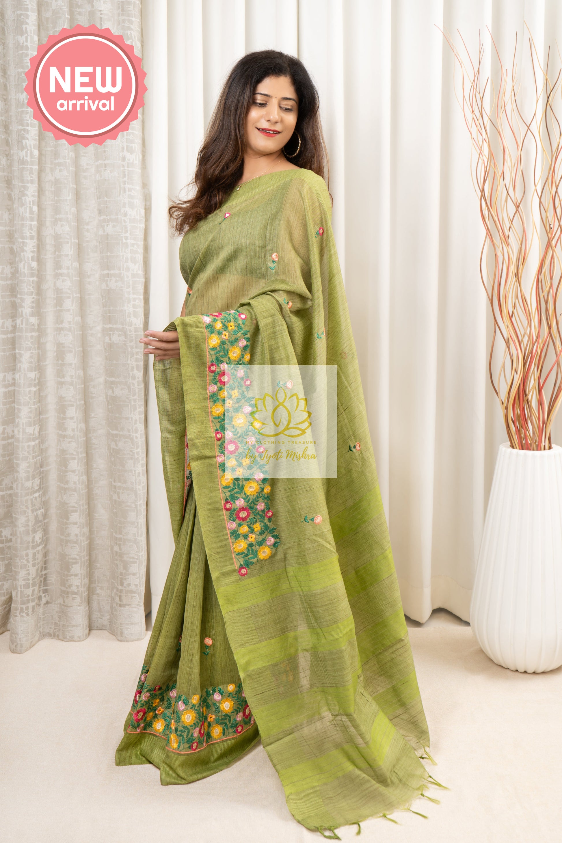 Embroidered Bhagalpuri Linen Saree - Green