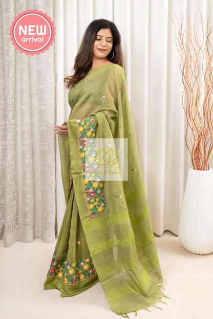 Embroidered Bhagalpuri Linen Saree - Green