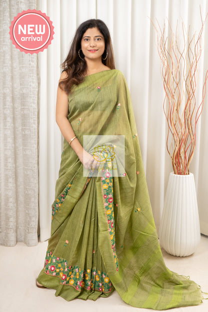 Embroidered Bhagalpuri Linen Saree - Green