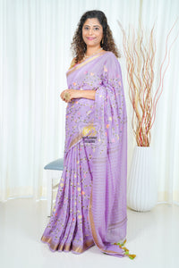 Embroidery On Linen Silk Saree- Lavender