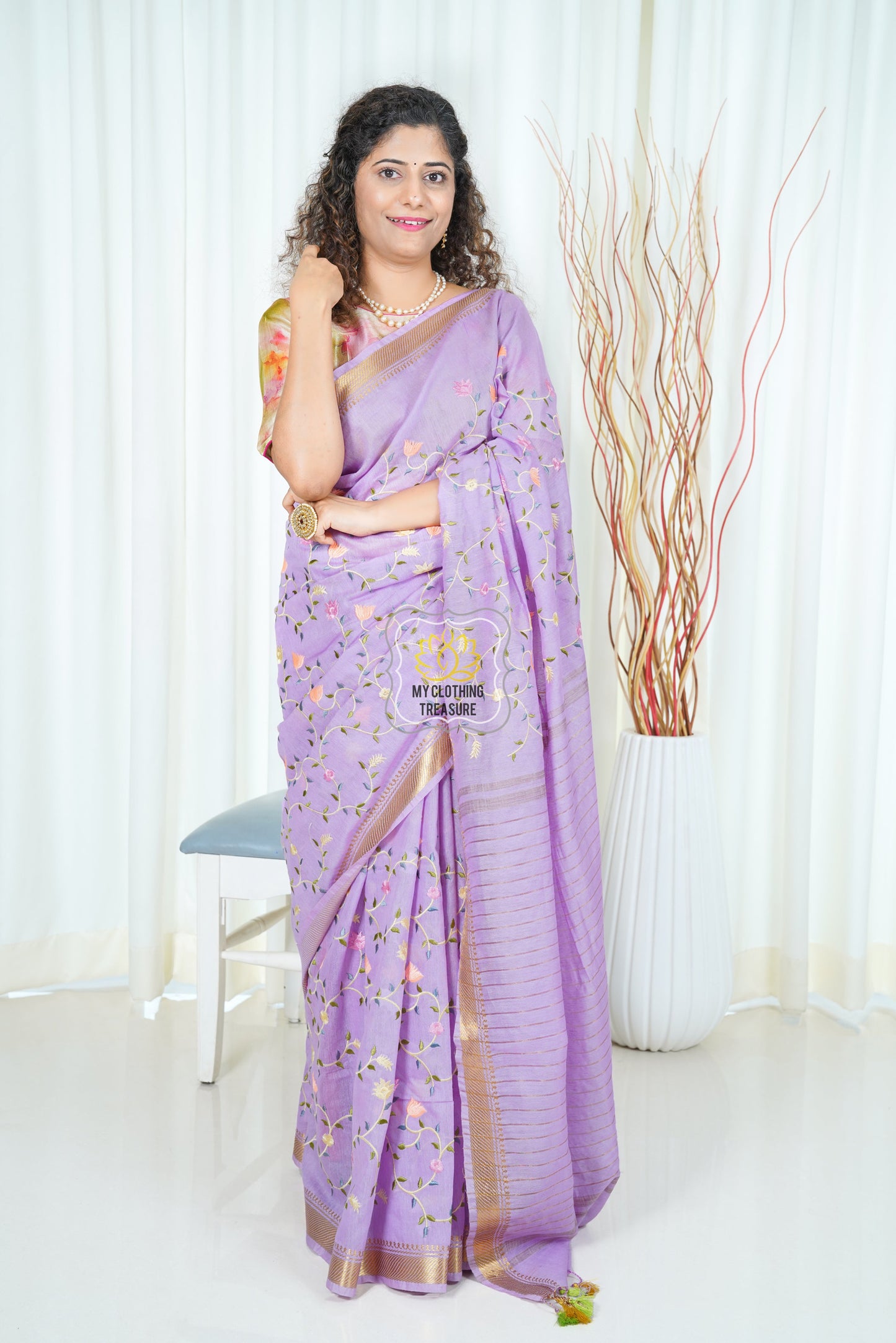 Embroidery On Linen Silk Saree- Lavender