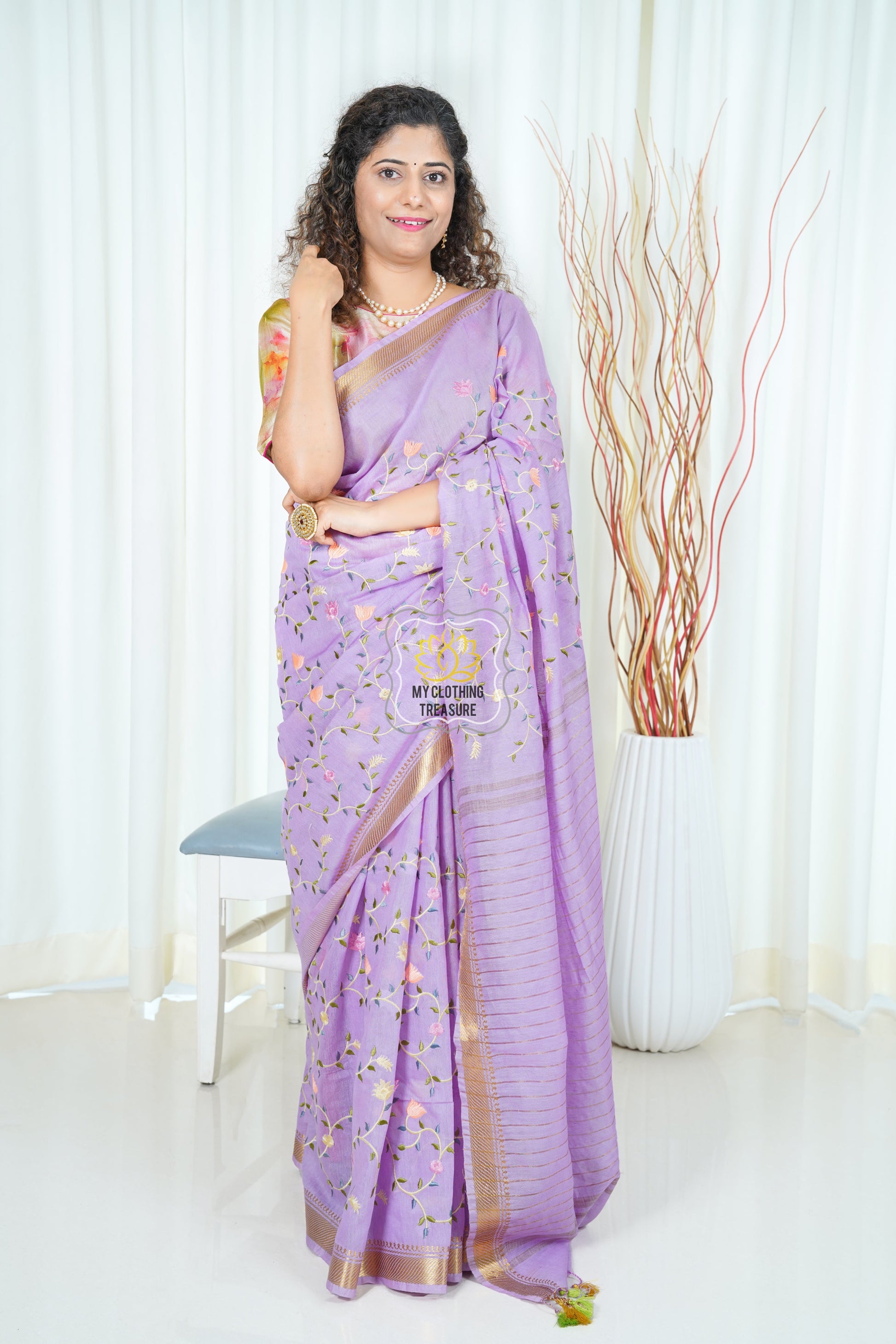 Embroidery On Linen Silk Saree- Lavender