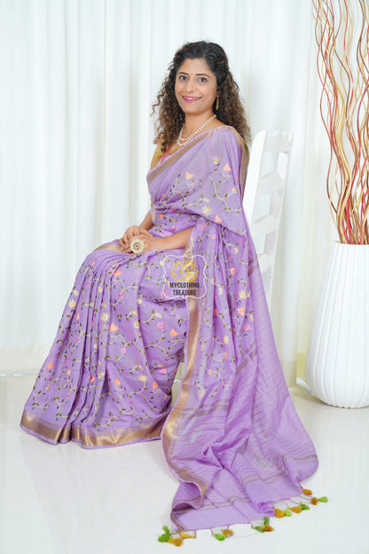 Embroidery On Linen Silk Saree- Lavender