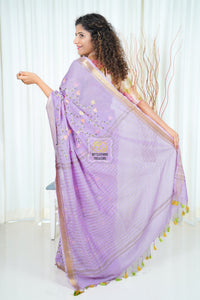 Embroidery On Linen Silk Saree- Lavender