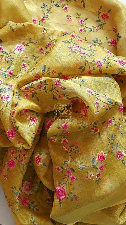 Embroidery On Tissue Linen Saree- Dirty Yellow