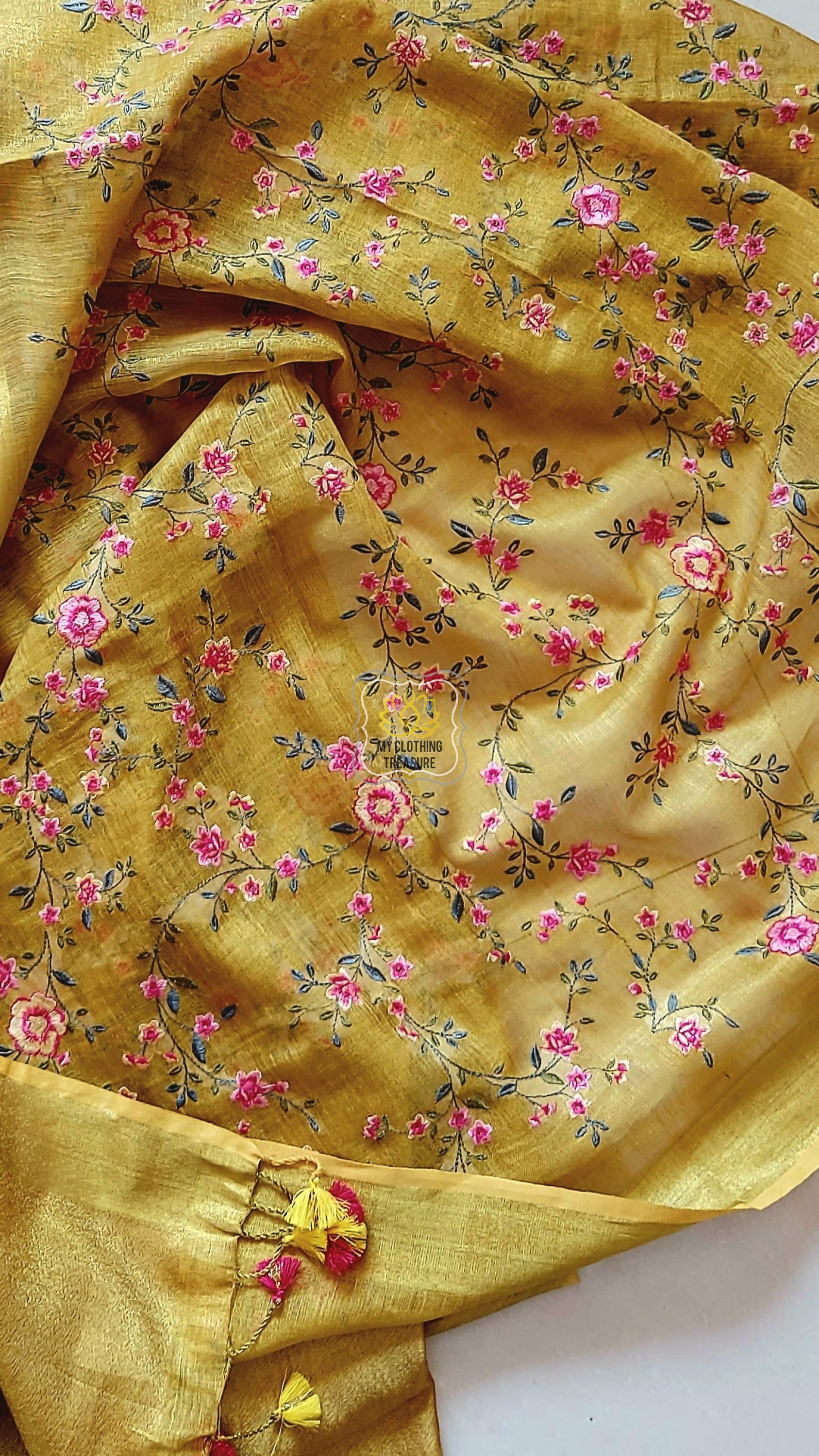 Embroidery On Tissue Linen Saree- Dirty Yellow