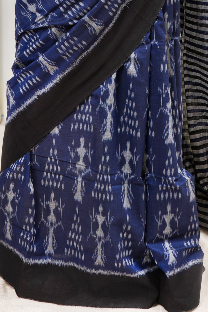 Exclusive Bandha Body Ikkat Cotton Saree - Navy Blue