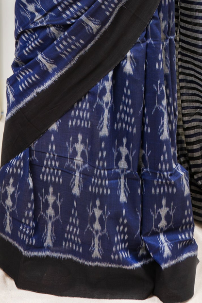 Exclusive Bandha Body Ikkat Cotton Saree - Navy Blue
