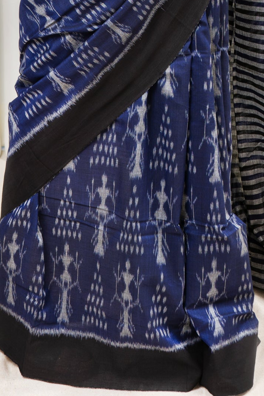 Exclusive Bandha Body Ikkat Cotton Saree - Navy Blue