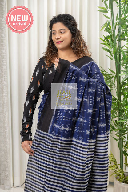 Exclusive Bandha Body Ikkat Cotton Saree - Navy Blue