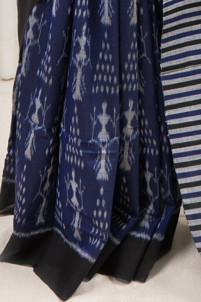 Exclusive Bandha Body Ikkat Cotton Saree - Navy Blue