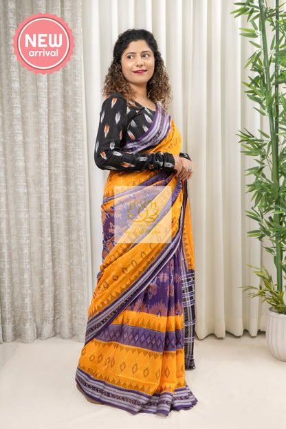 Exclusive Bandha Body Ikkat Cotton Saree - Yellow-Purple