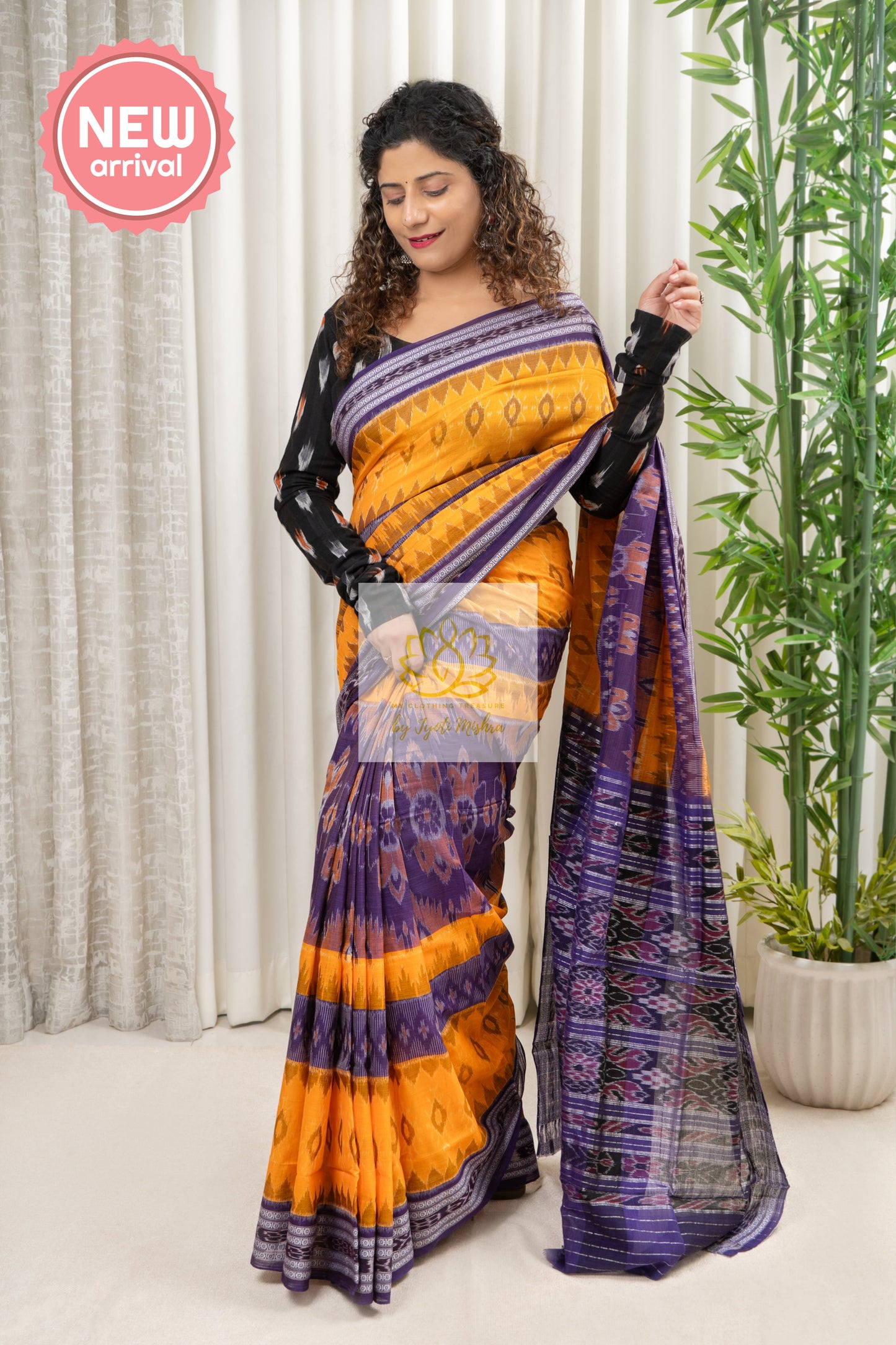 Exclusive Bandha Body Ikkat Cotton Saree - Yellow-Purple