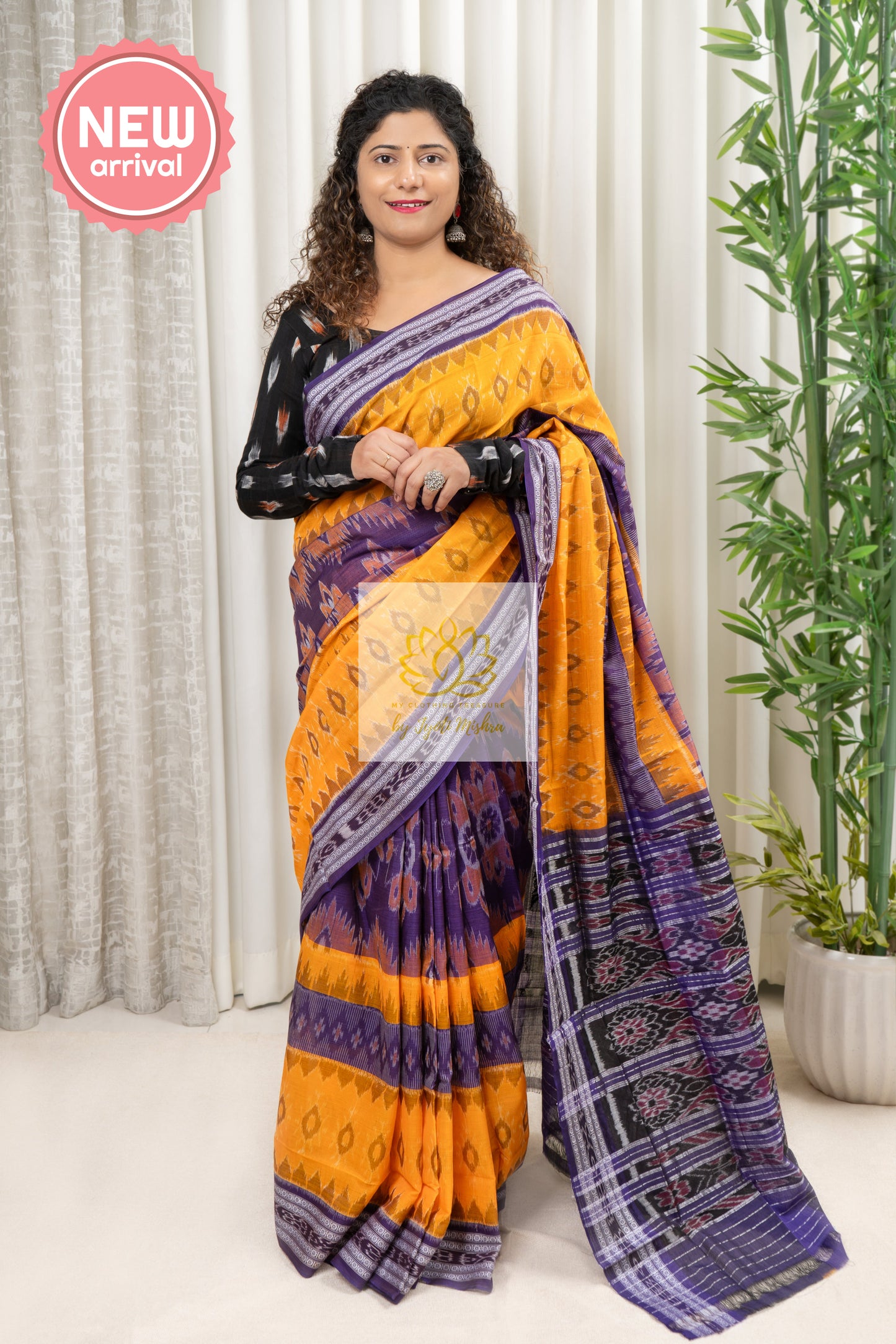 Exclusive Bandha Body Ikkat Cotton Saree - Yellow-Purple