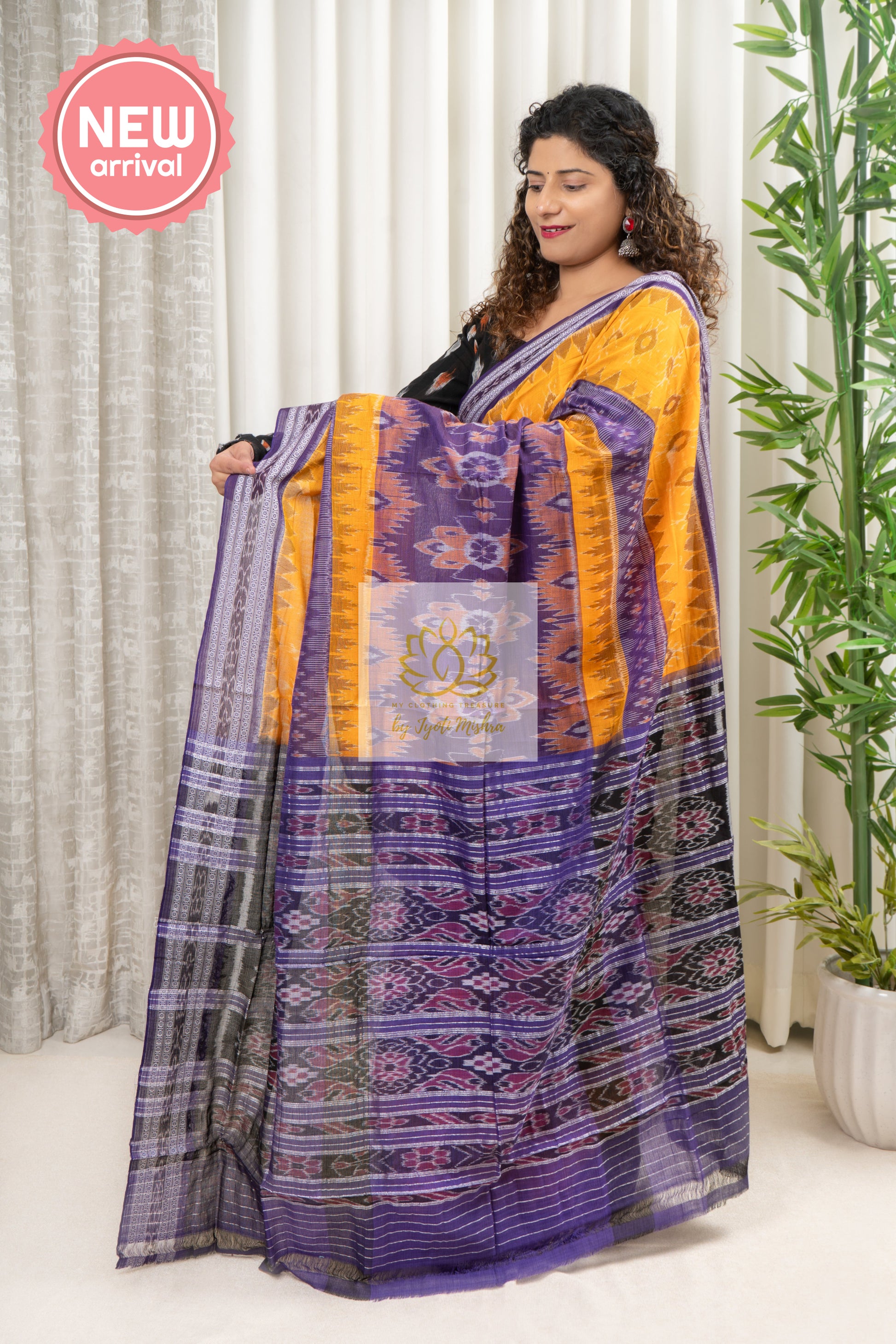 Exclusive Bandha Body Ikkat Cotton Saree - Yellow-Purple