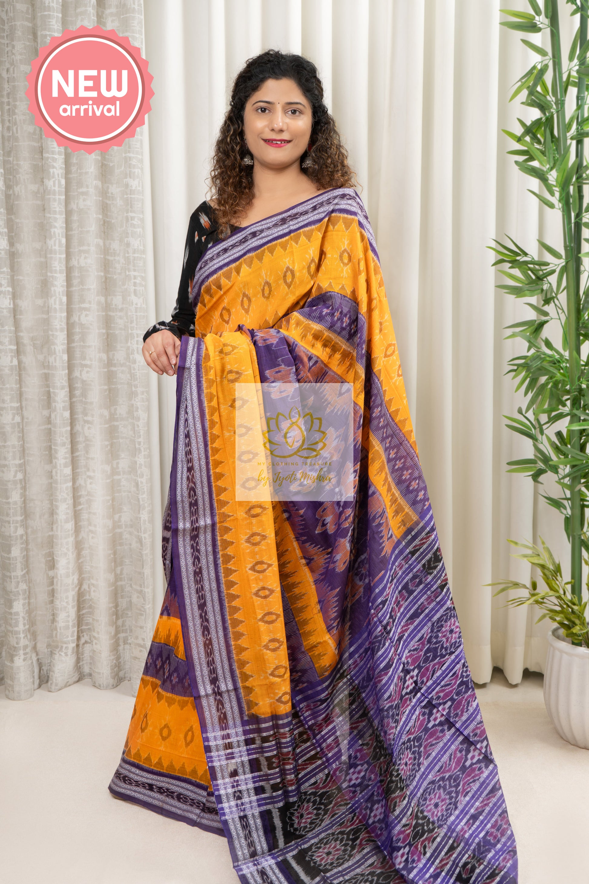 Exclusive Bandha Body Ikkat Cotton Saree - Yellow-Purple