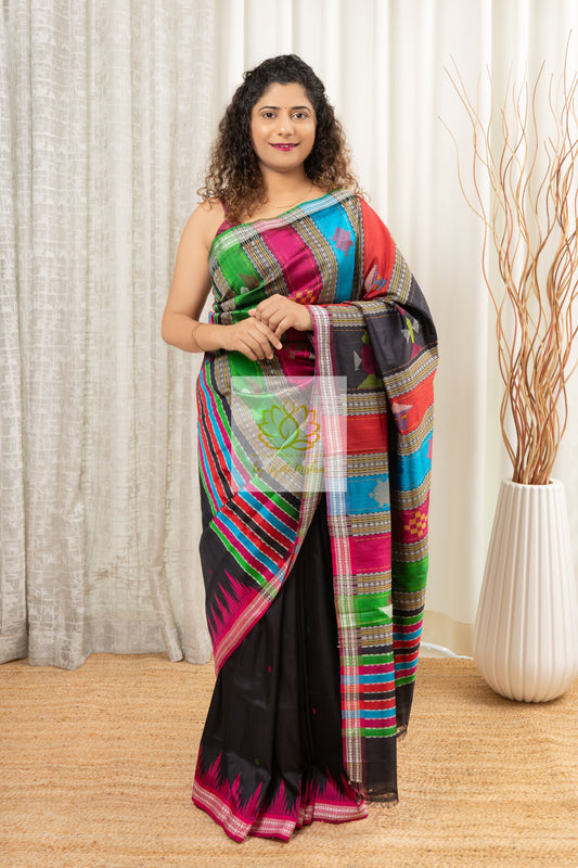 Exclusive Ganga Jamuna Border Double Pallu Berhampuri Pure Silk Patta Saree - Black Saree
