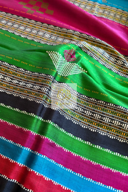 Exclusive Ganga Jamuna Border Double Pallu Berhampuri Pure Silk Patta Saree - Black Saree