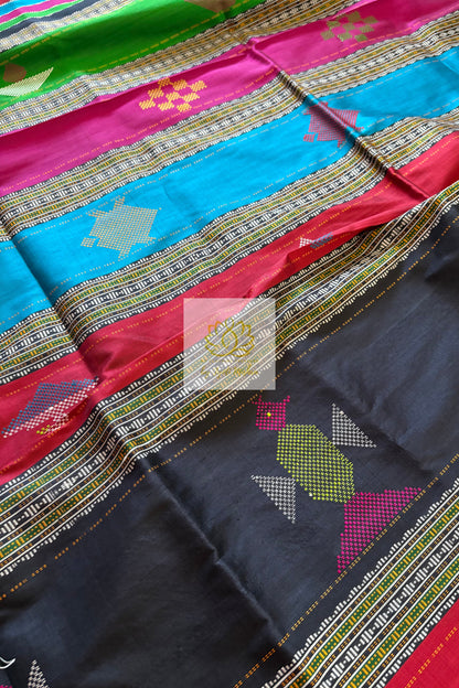 Exclusive Ganga Jamuna Border Double Pallu Berhampuri Pure Silk Patta Saree - Black Saree