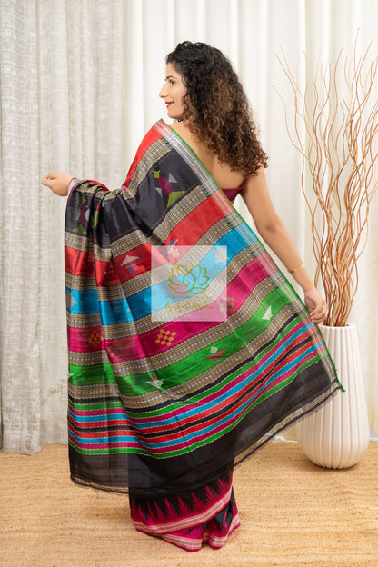 Exclusive Ganga Jamuna Border Double Pallu Berhampuri Pure Silk Patta Saree - Black Saree