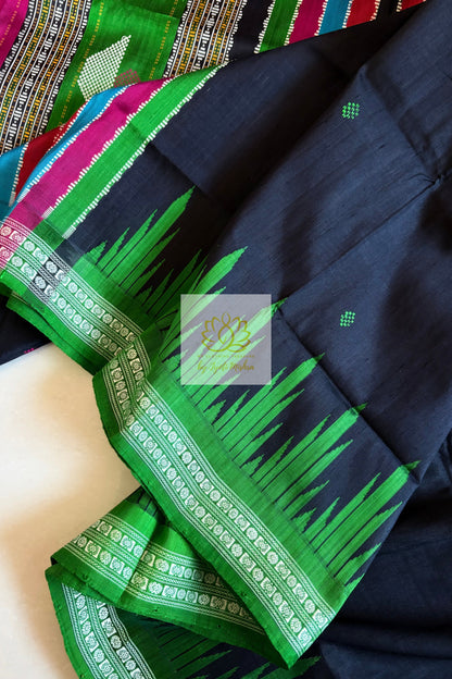 Exclusive Ganga Jamuna Border Double Pallu Berhampuri Pure Silk Patta Saree - Black Saree